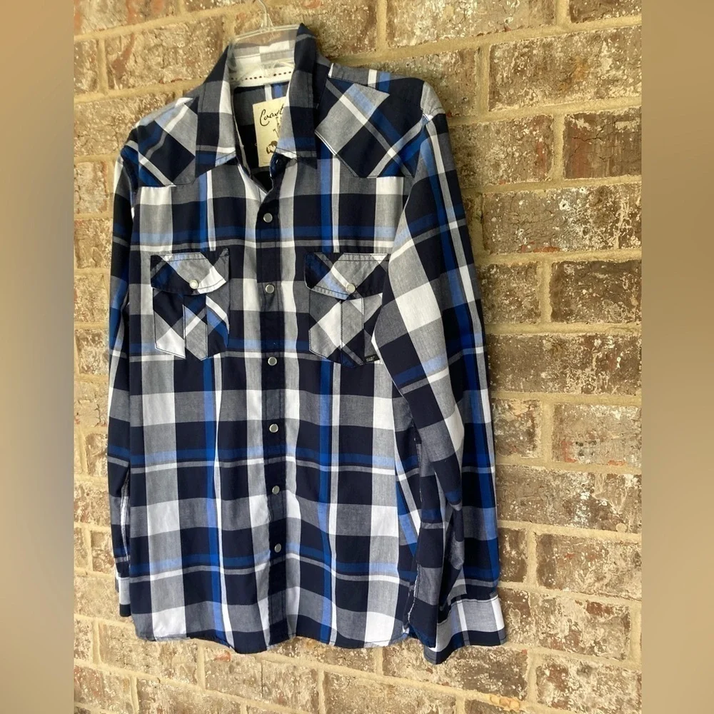 Coastal men’s pearl snap shirt size L blue & white plaid long sleeve Vintage